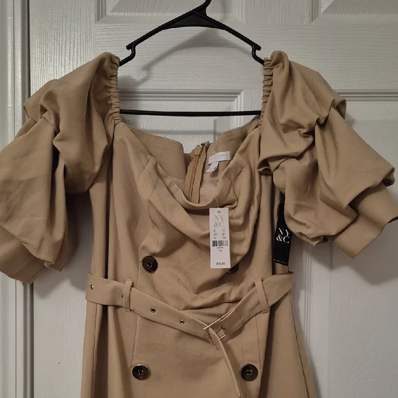 New York & Company Tan Off the Shoulder Ruffle Sleeve Trench-Style Midi Dress - Picture 2 of 8
